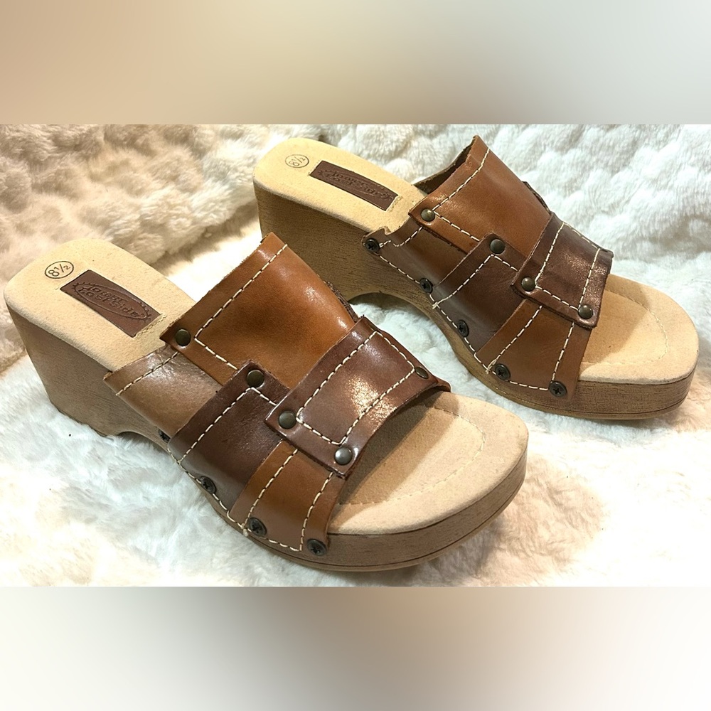 LOWER EAST SIDE Brown Leather chunky block Mule Clog women’s size 8.5
